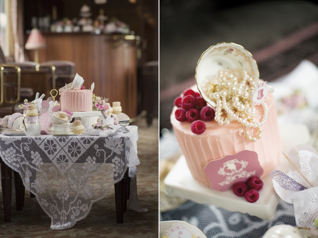 Photo Wedding Cake with vintage-cup topper, tipped over filled with pearl jewelry