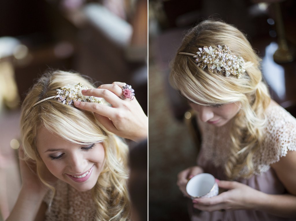 Photo flowery couture headpiece on bridesmaid with pearls and glittery flowers