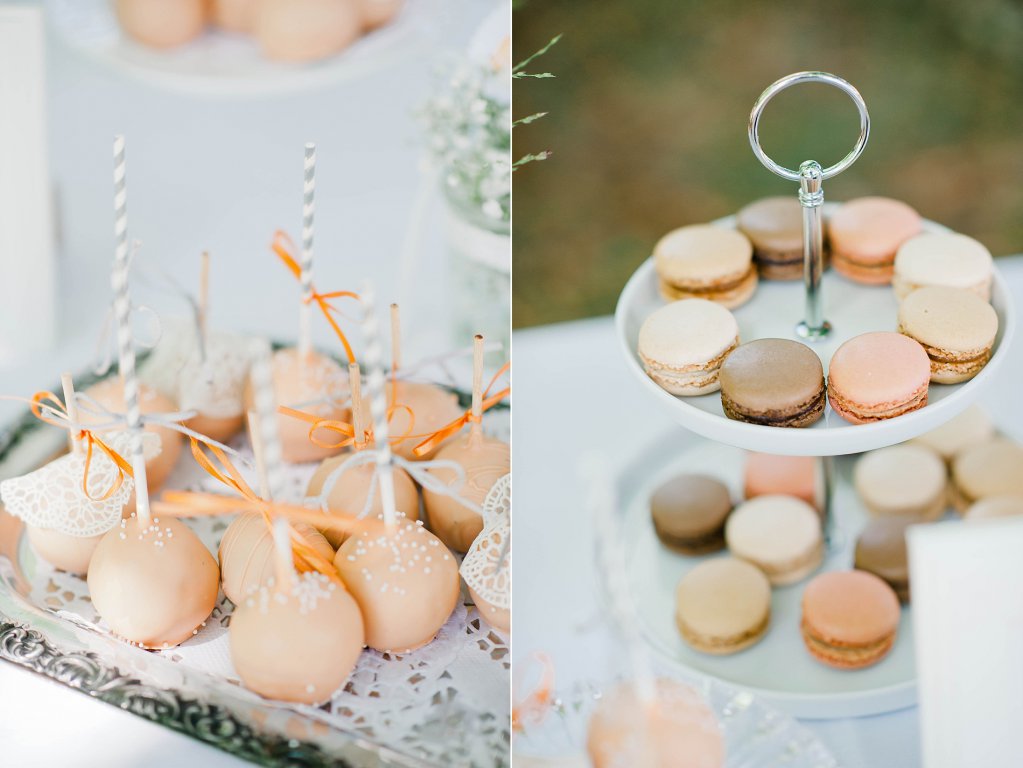 Photo Cake-Pops und Maccarons in den Hochzeitsfarben, grau und orange.